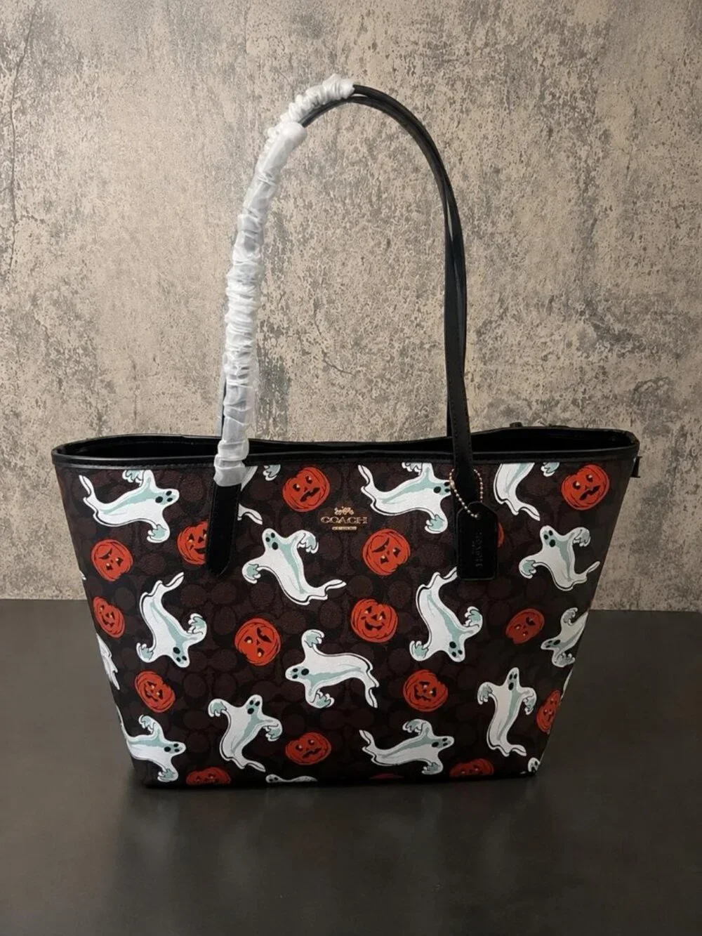 NWT Coach City Tote Bag With Pumpkin Halloween Print CCE69 In Walnut Black